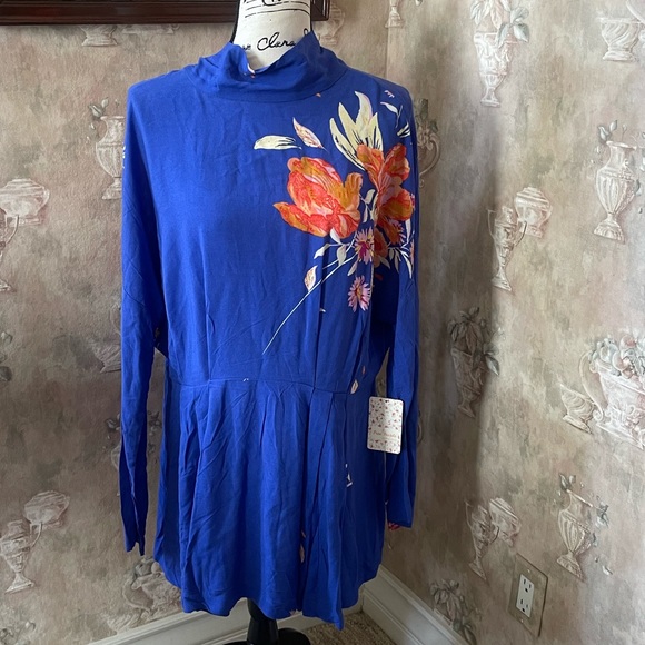 FREE PEOPLE GEMMA  OPEN BACK LONG SLEEVE TROPICAL FLORAL MINI DRESS BLUE MEDIUM - Picture 7 of 8